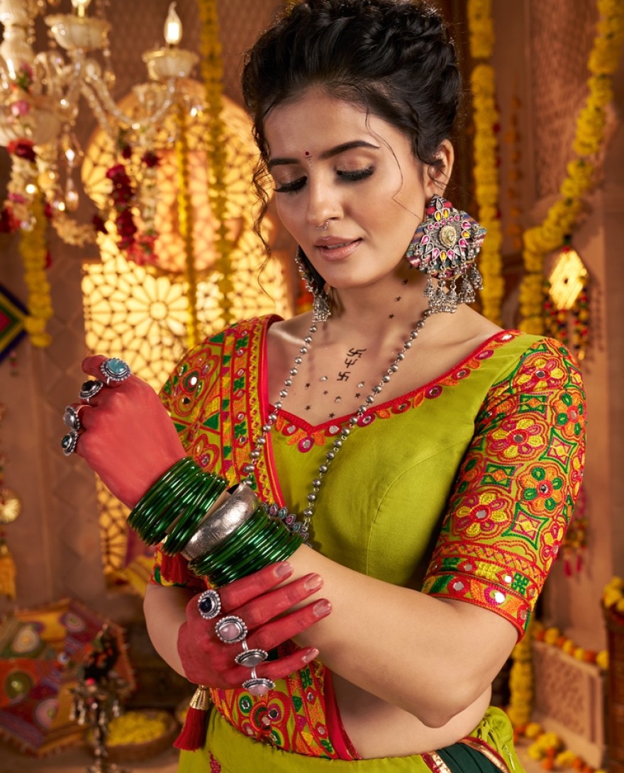 11011 - Elegant Green Viscose Cotton Embroidered Navratri Wear Lehenga Choli